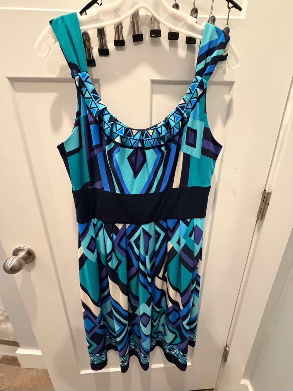 R&M Richards Women’s Size 14 Blue Geometric Print Stretch Empire Waist Dress